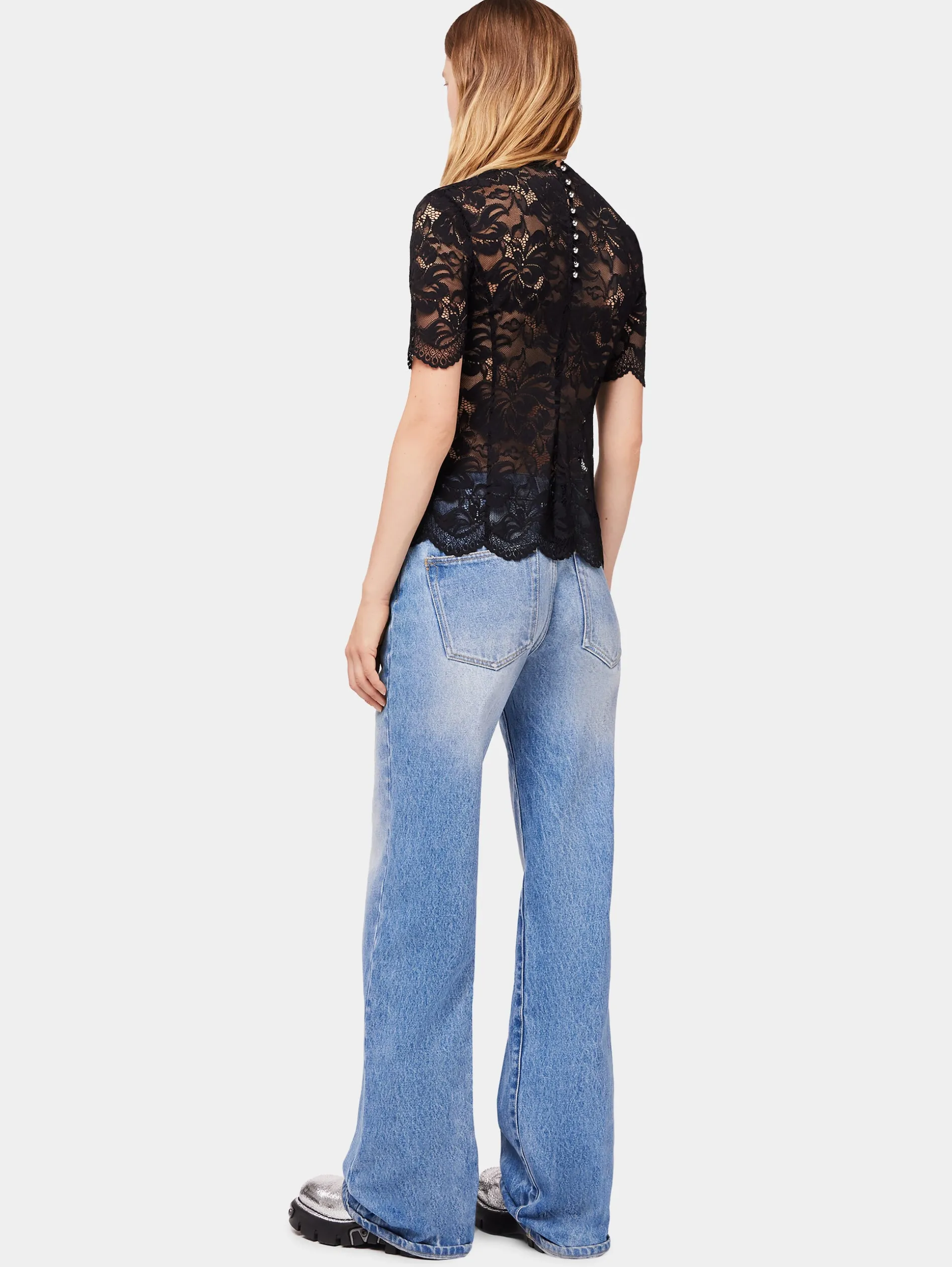 Sale Haut manches courtes en dentelle noire Hauts