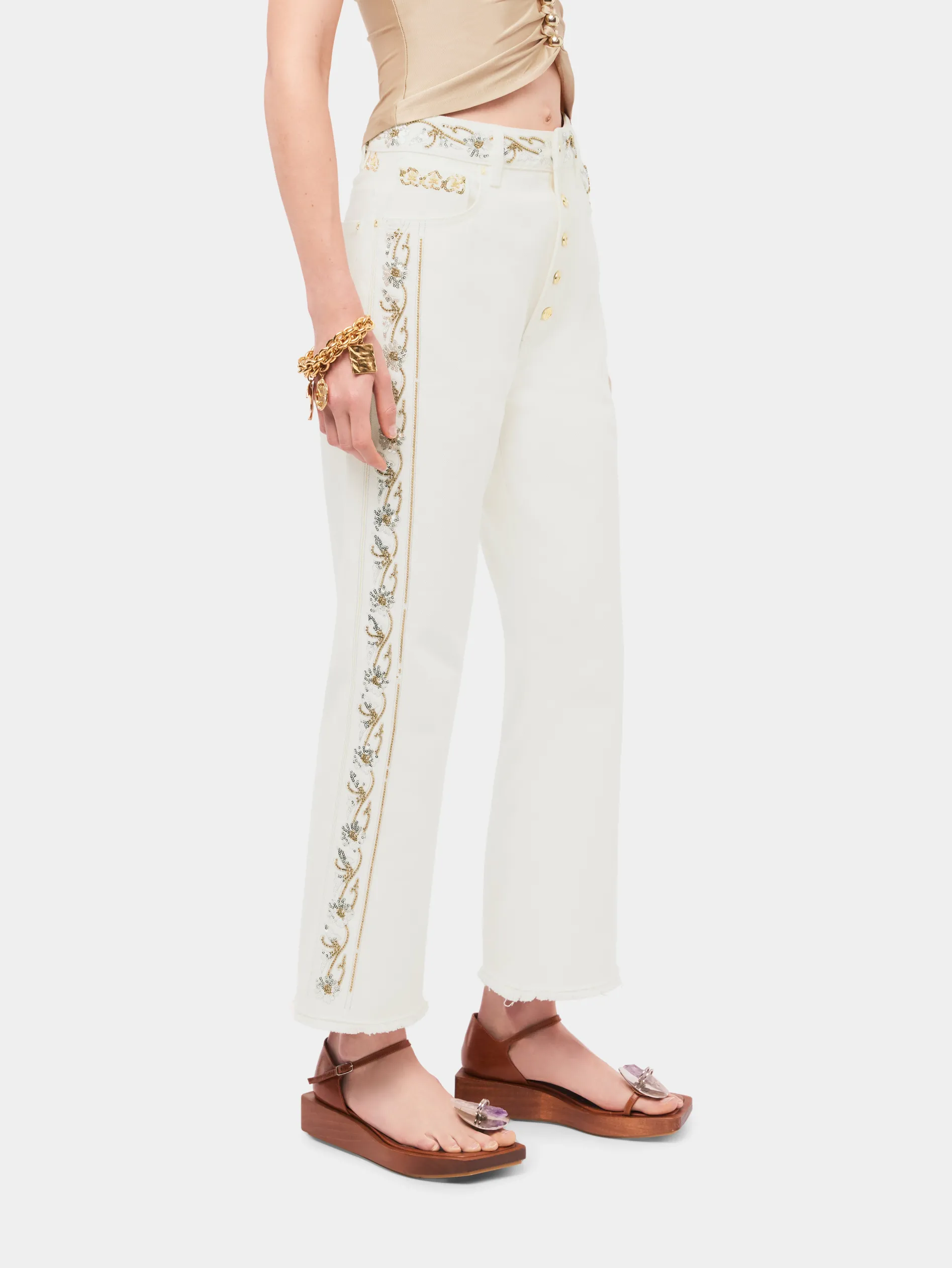 Discount Jean brodé en denim blanc cassé Denim | Pantalons