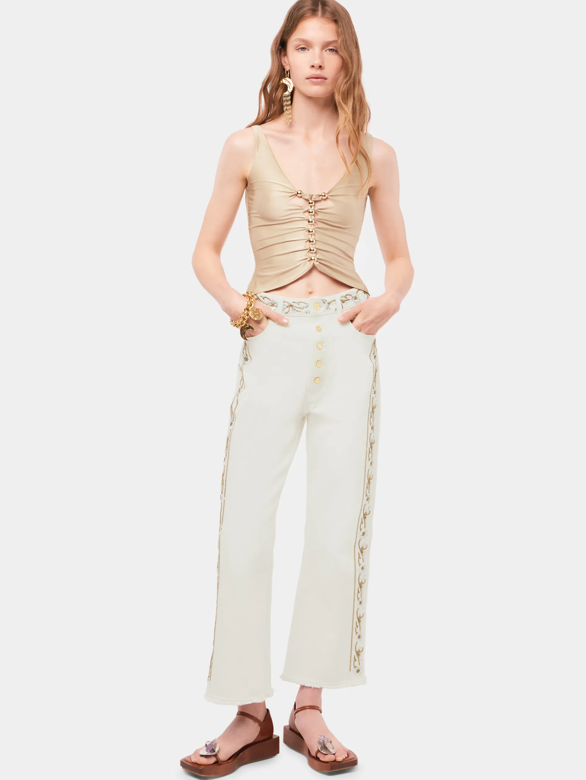 Discount Jean brodé en denim blanc cassé Denim | Pantalons