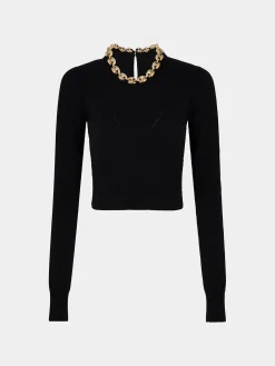 Store Pull noir en laine avec chaîne en maillons dorés Maille | Hauts