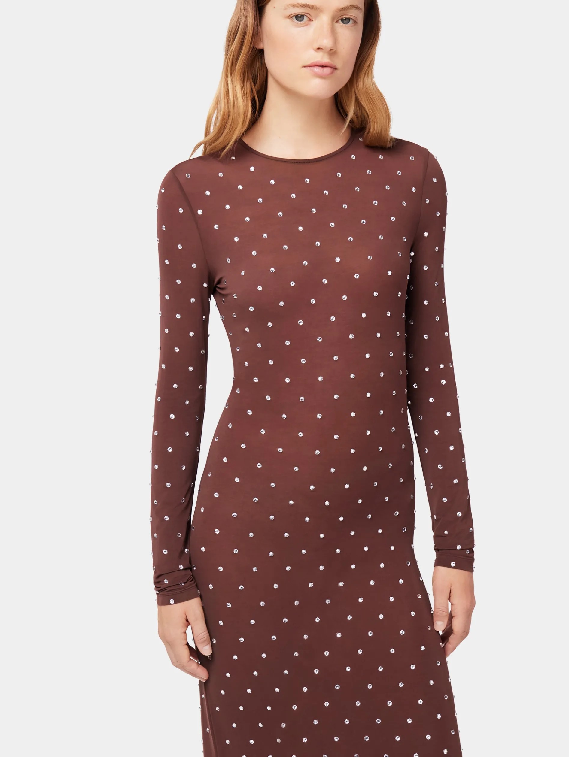 Fashion ROBE LONGUE CHOCOLAT EN JERSEY SECONDE PEAU ORNÉE DE CRISTAUX Robes