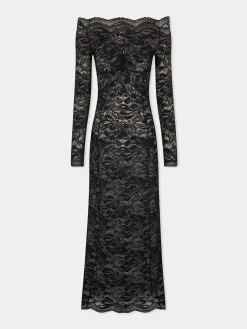 Store Robe longue en dentelle noire à col bardot Robes