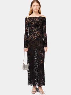 Store Robe longue en dentelle noire à col bardot Robes