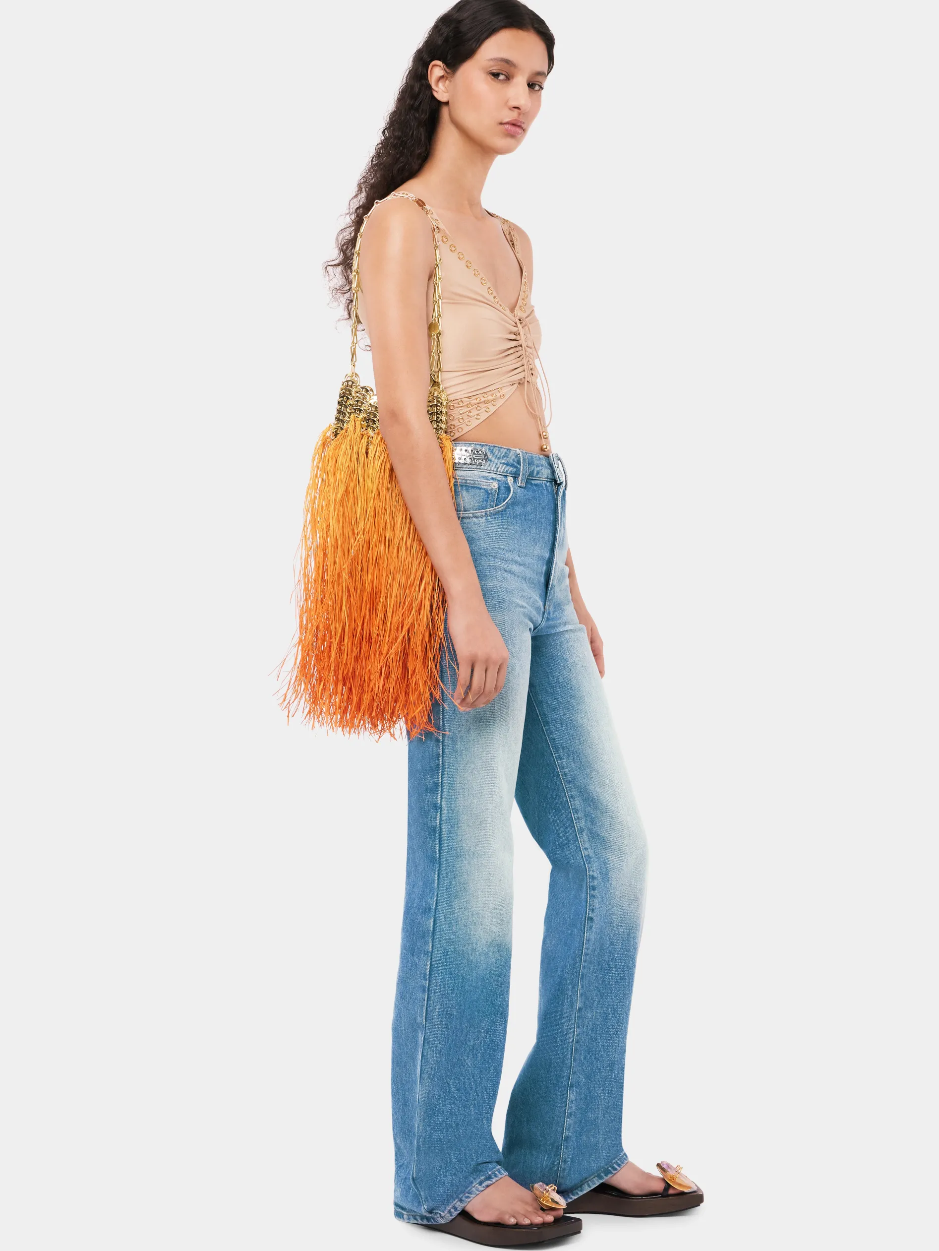 Cheap Sac 1969 nano or fait main avec des franges en raphia Le Sac 1969