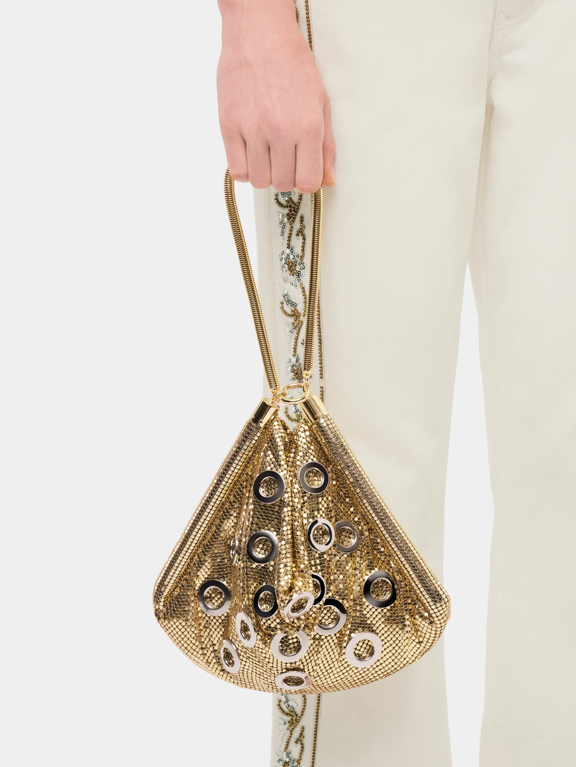 Discount Sac pochette en côte de maille dorée orné d'œillets métalliques Sacs De Soirée | Sacs Porté Épaule