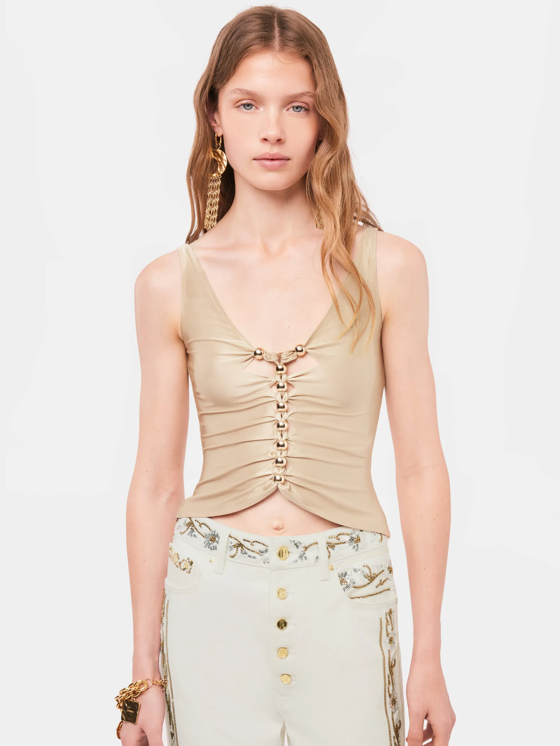 Clearance Top drapé de couleur raphia à détails métalliques Hauts