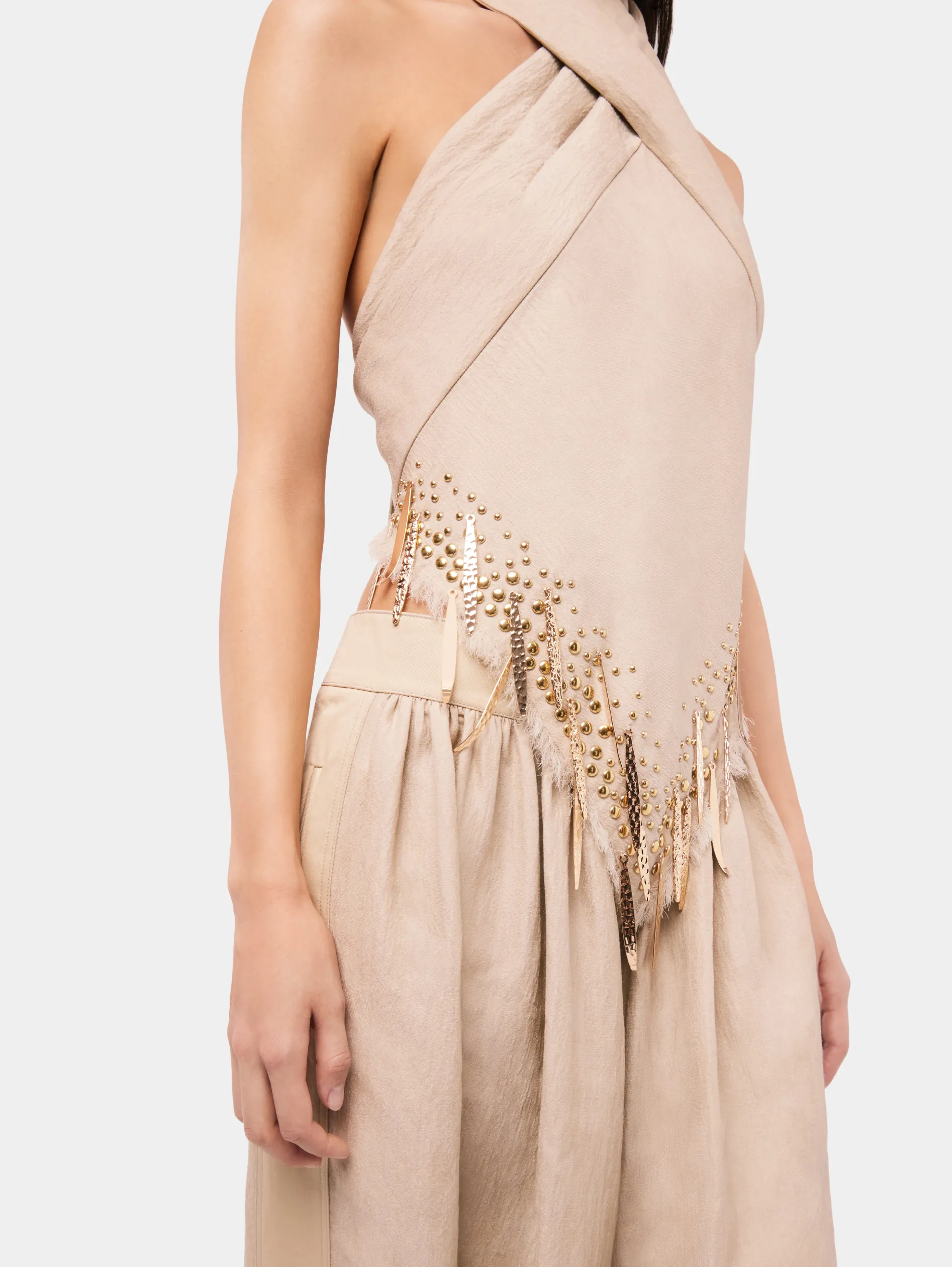 Cheap Top en laine de couleur sable orné de détails de franges métalliques n Maille