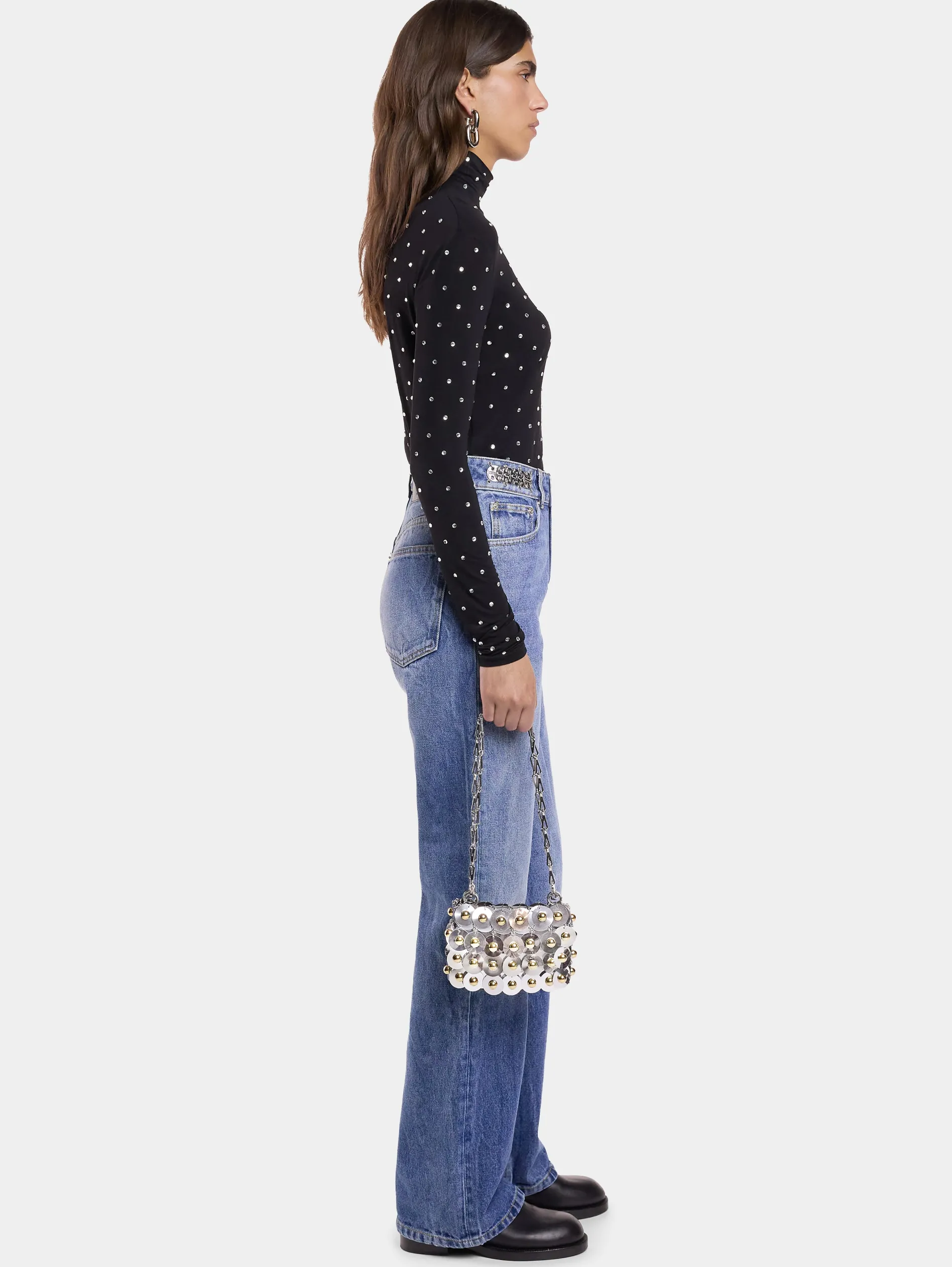 Discount TOP NOIR EN JERSEY SECONDE PEAU ORNÉ DE CRISTAUX Hauts